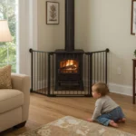 نوزادی در نزدیکی اجاق هیزمی که با گارد محافظ کودک ایمن شده است.