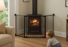 نوزادی در نزدیکی اجاق هیزمی که با گارد محافظ کودک ایمن شده است.